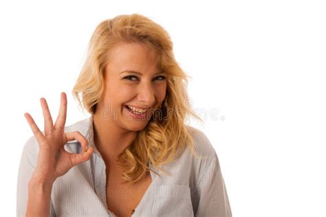 Woman Gesturing Success With Her Hand Showing Ok Sign Isolated O Stock