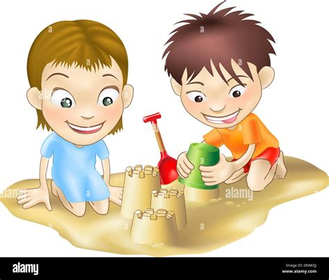 Una ilustración de dos niños jugando en la arena haciendo castillos de