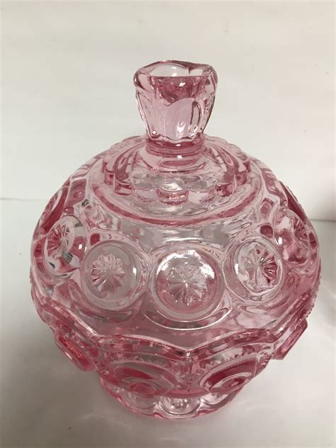 L E Smith Moon And Stars Pink Glass Candy Dish With Lid Compote Pressed Glass Footed Glass