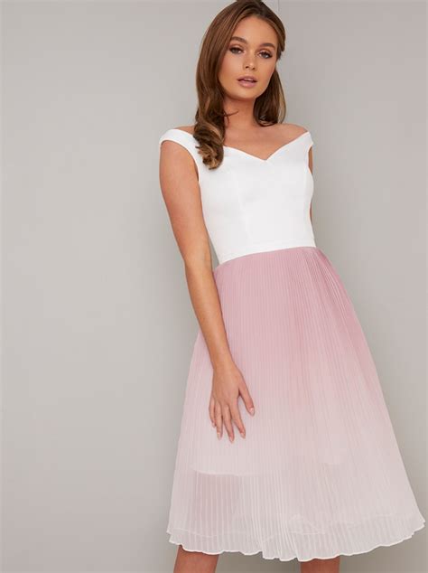 Pleated Ombre Midi Dress With Bardot Neckline In Pink Chi Chi London
