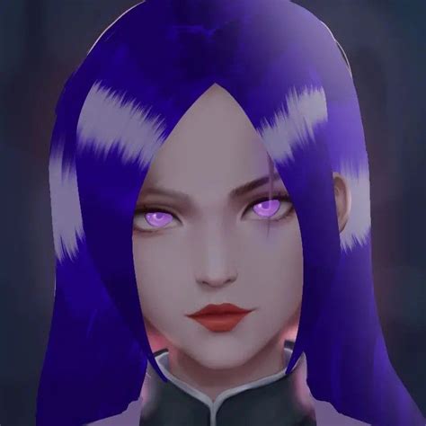 an animated woman with blue hair and purple eyes