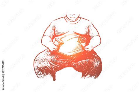 Fat Man Overweight Unhealthy Belly Concept Hand Drawn Isolated