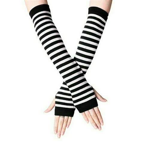 fingerless thumb gloves arm warmers striped ladies women mitten black and white long gloves