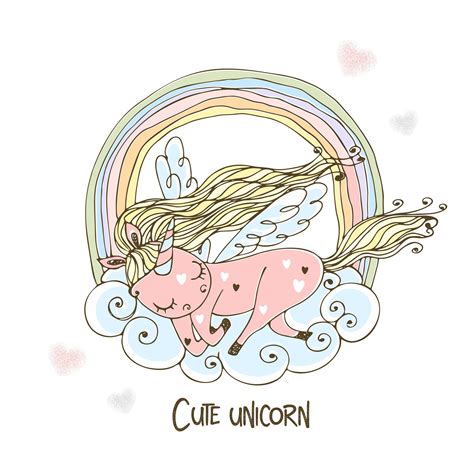 A Cute Unicorn With Wings Sleeps Sweetly On A Cloud With A Rainbow