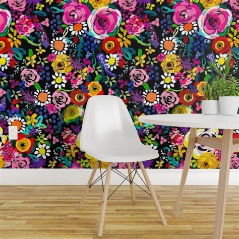Bold Floral Wallpaper Les Fleurs Black By Theartwerks Etsy