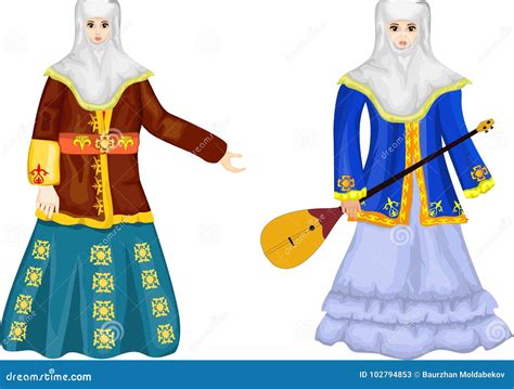 Two Kazakh Women In Traditional National Dress Vector Illustration Stock Vector Illustration