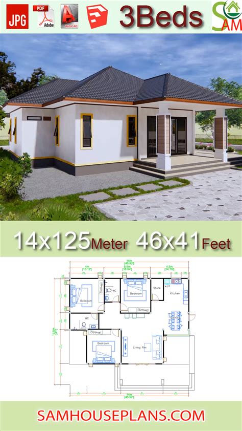 1 inch is equal to 0.0254 meters Omah rencana 46x41 kaki 14x12.5 meter 3 kamar turu payon ...