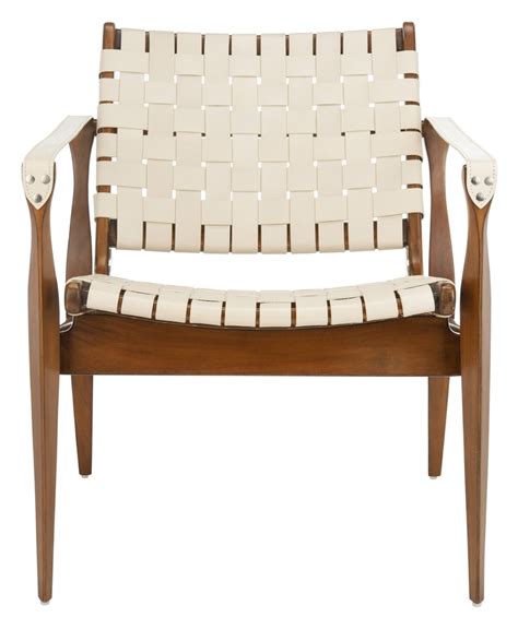 Mid-Century Modern Woven Leather Strap Armchair - Safavieh Phloem studio nadine lounge chair is a modern contemporary lounge chair with a solid wood white oak frame and a leather strap woven seat.