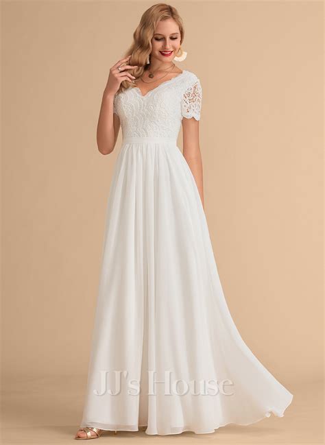 A Line V Neck Floor Length Chiffon Lace Wedding Dress 002215652 Jj