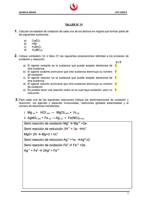 Taller Quimica Ma Taller N Calcular Los Estados De Oxidaci N De