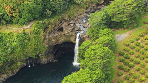 Aerial View Of Rainbow Waiānuenue Falls In Hilo Big Island Hawaii