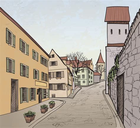 Altes Stadtstadtbild Mit Straße Skizze Des Historischen ...