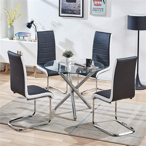 Modern Round Dining Table Set Clear Tempered Glass Top Table And Faux Leather High Back Chairs