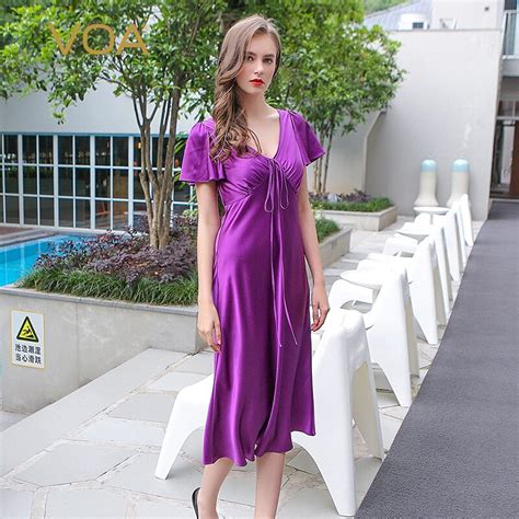 Voa 2017 Summer Purple Silk Nightgown Sexy Big V Neck Sleepwear Plus