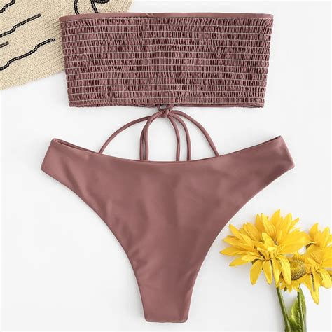 Zaful New Lace Up Smocked Bandeau Bikini Set Strapless Bikini 2019