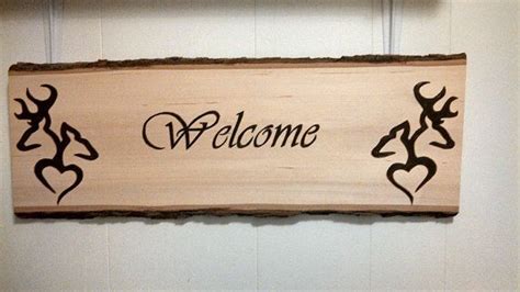 Wood Burned Welcome Plaque With Browning Deer And Hearts Etsy Wood