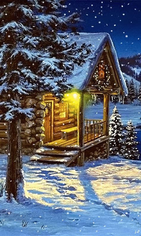 A Painting Of A Cabin In The Snow At Night With Lights On Its Windows