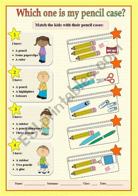 Match The Kids With Their Pencil Cases Esl Worksheet By Despinacy