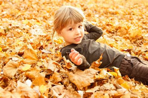 Happy Child Playing On The Autumn Leaves In Nature Stock Image Image