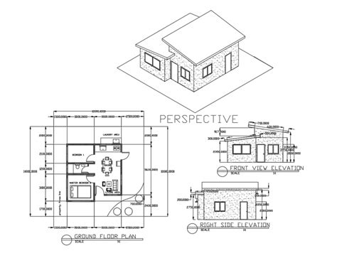 Small House Left Right And Perspective Elevation With Ground Floor