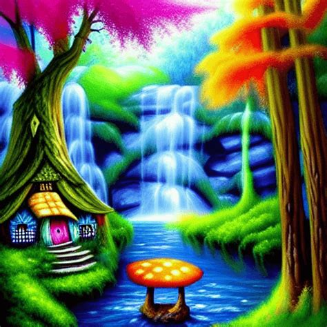Fantasy Painting Forest Fairy House And Magical Waterfalls · Creative