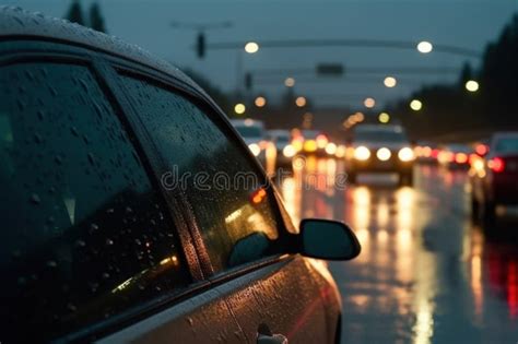 Car Traffic Jam On The Road Rain Bad Weather Generative Ai Stock