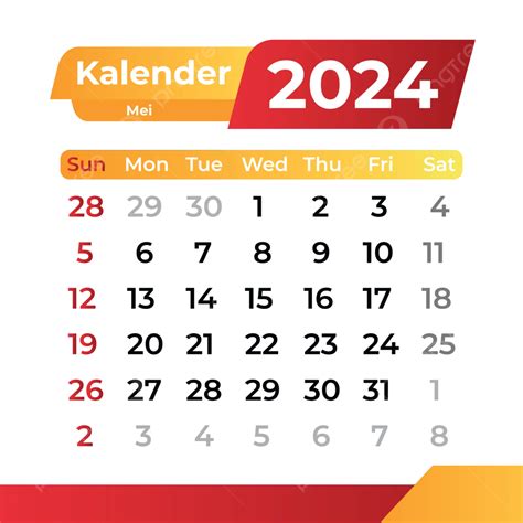日曆2024年五月紅黃漸變風格插畫 向量 2024 年日历 日曆 紅色和黃色的日曆向量圖案素材免費下載，png，eps和ai素材下載