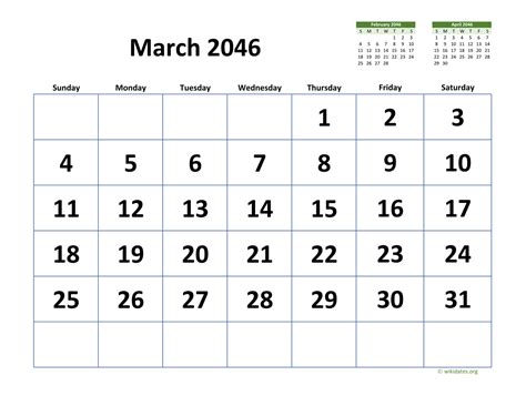 March 2046 Calendar With Extra Large Dates