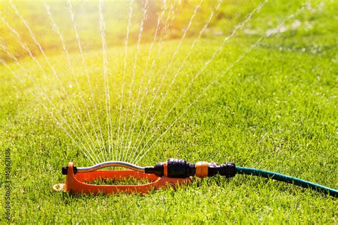 Lawn Sprinkler Spaying Water Over Green Grass Irrigation System Stock
