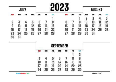 Calendar July August September 2023 Printable