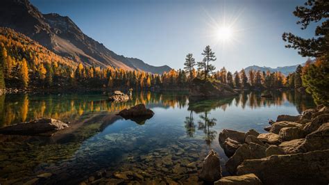 Switzerland Alps Forest Mountain Reflection On Lago Di Saoseo Lake