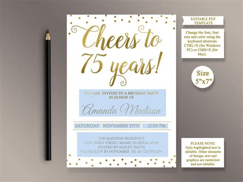 Editable 75th Birthday Party Invitation Template Cheers To 75 Etsy