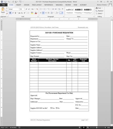 AS9100 Purchase Requisitions Template Word