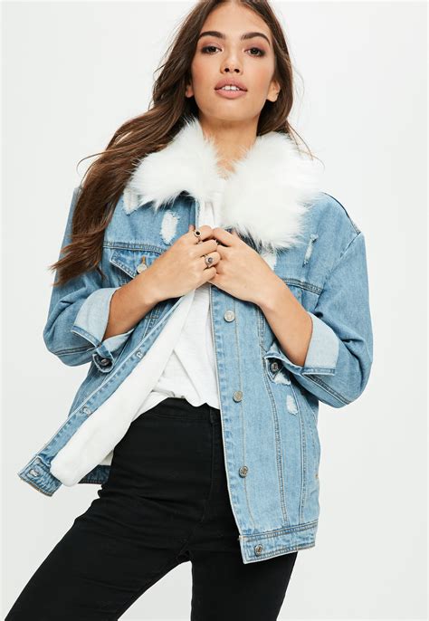 Missguided White Faux Fur Collar Denim Jacket - Lyst