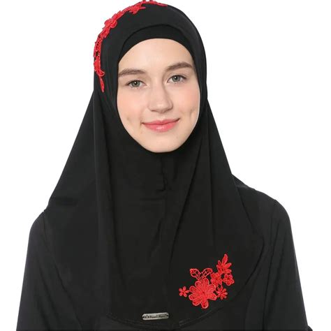 Babalet Womens Modest Muslim Islamic Soft Lace Applique Jersey Headscarf Instant Hijab Ready To