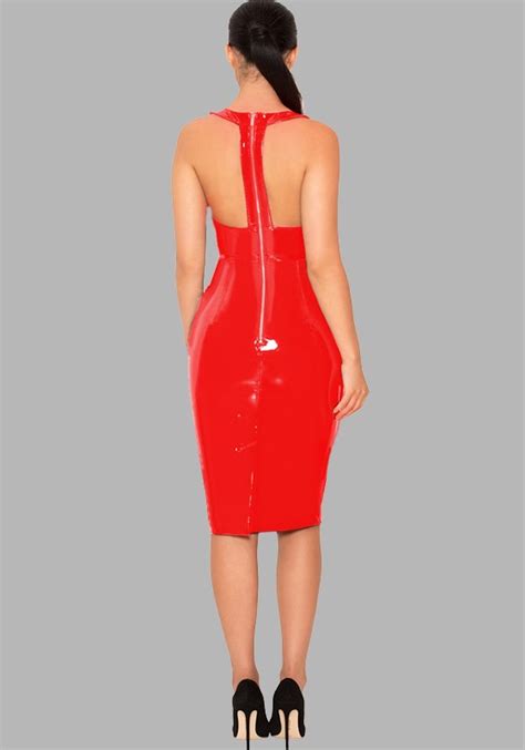 Red Pu Leather Backless Halter Neck V Neck Latex Bodycon Clubwear Party
