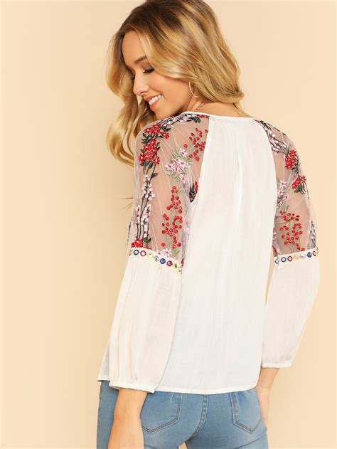 Floral Mesh Reflective Trim Detail With Pom Pom Tunic Top CREAM SheIn