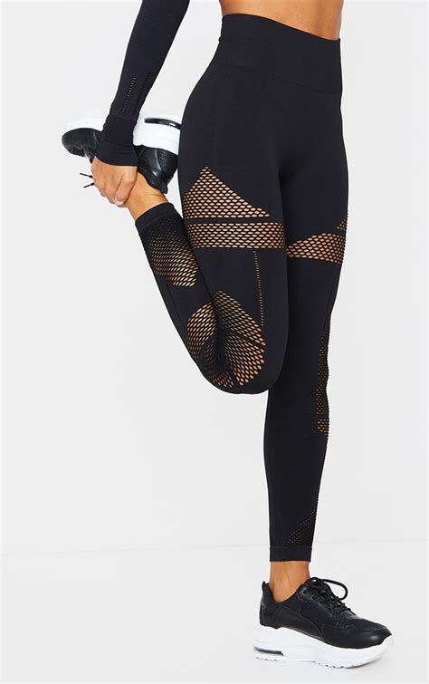 Black Cut Out Panel Seamless Gym Leggings Prettylittlething Usa
