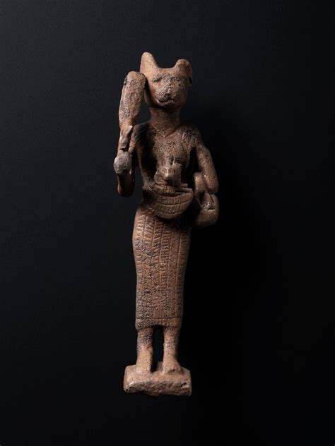 Votive Statuette In Bronze Of Bastet As A Cat Headed Woman Standing And