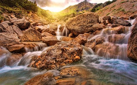 Download Wallpapers Waterfall Stones Sunset Mountain River Mountain