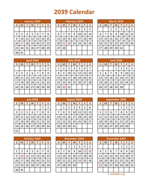 Full Year 2039 Calendar On One Page