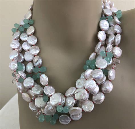 Chrysoprase Pearl Necklace 5 Stands Of Coin Pearls Hand Etsy