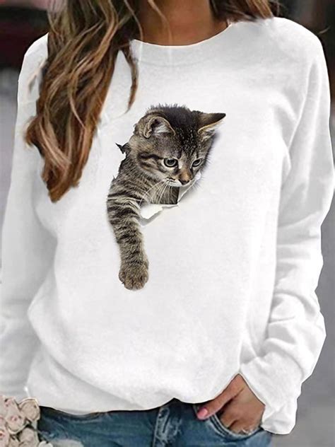 Women Pullover Sweatshirt Cat Graphic 3d Cartoon Daily Basic Hoodie