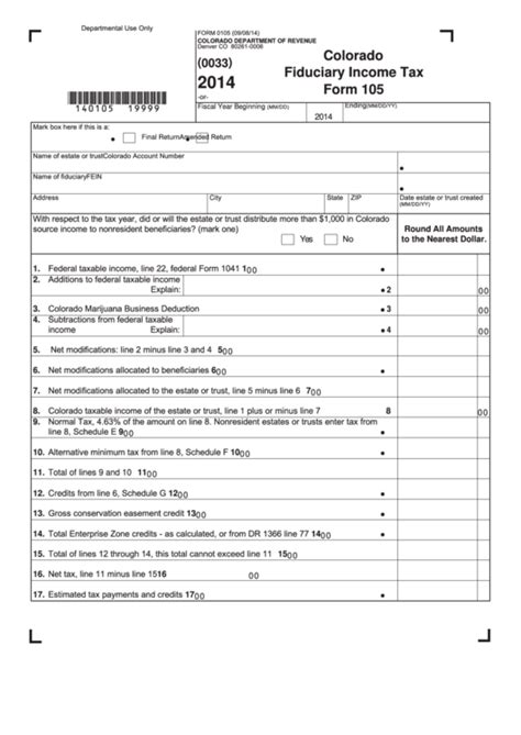 Fillable Form 105 Colorado Fiduciary Income Tax 2014 Printable Pdf