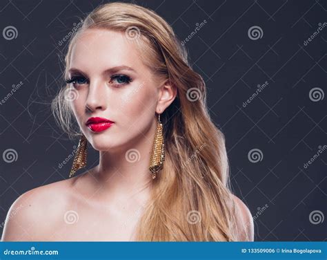 Beautiful Blonde Hair Woman Classic Style With Red Lips And Eyar Stock