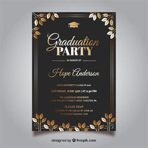 An Elegant Graduation Party Poster With Gold Leaves On Black And White