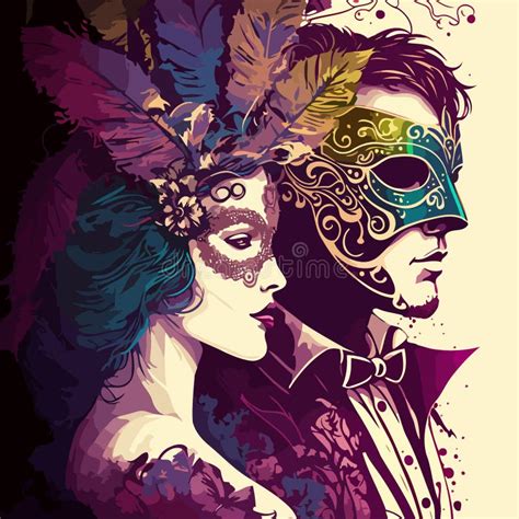 Fictional Characters Stylishly Dressed Up For A Masquerade Wearing Ornate Venetian Masks Stock