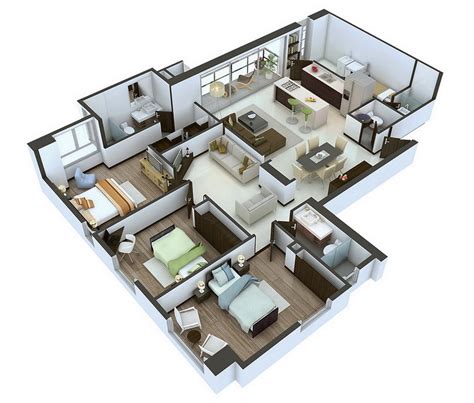 3 bedroom house plan in 1200 square feet eith nalukettu. 25 More 3 Bedroom 3D Floor Plans