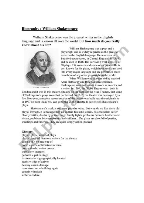 Biography Of William Shakespeare Esl Worksheet By Hlitsakaragyahoogr
