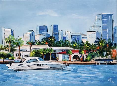 Miami Painting Florida Original Art Boat Artwork Landscape Oil Etsy